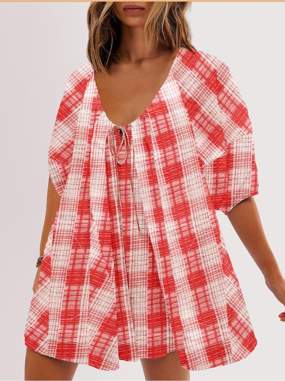 Red and white plaid oversized romper